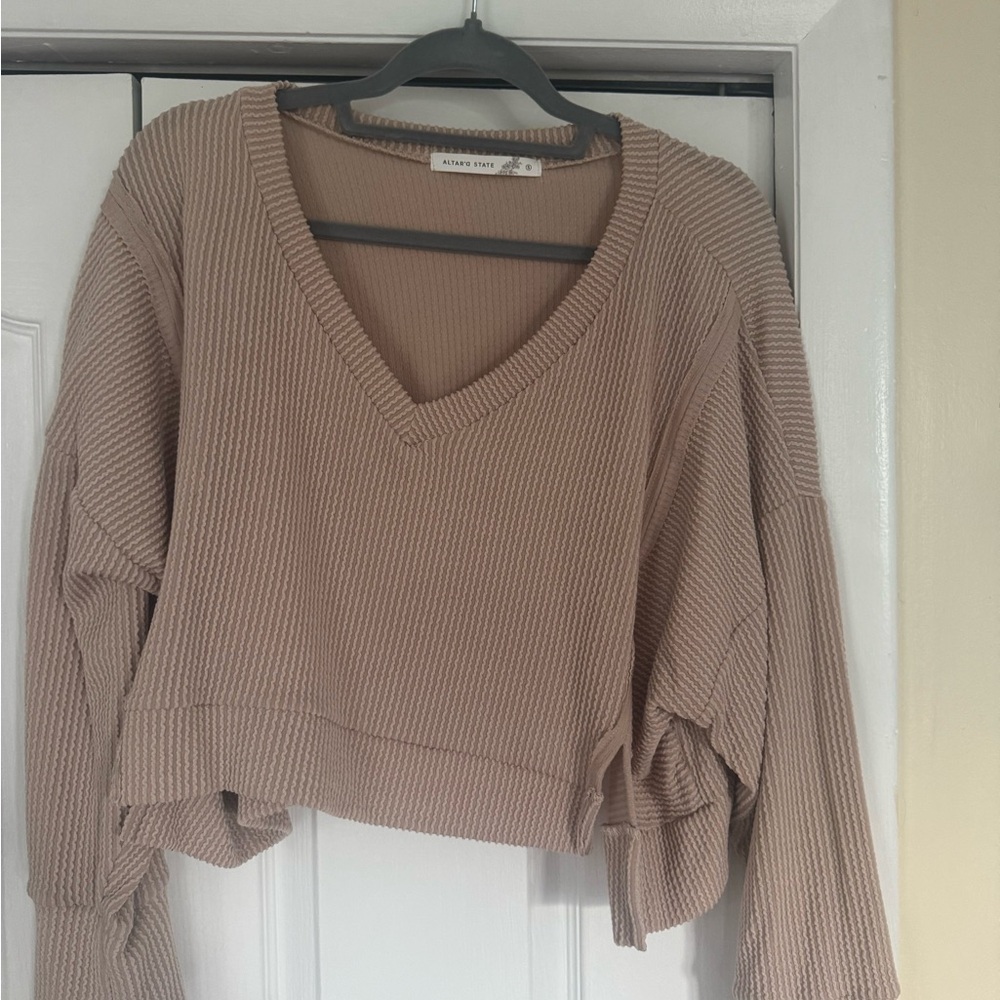 Altar'd State Ribbed V-Neck Crop Top - Taupe